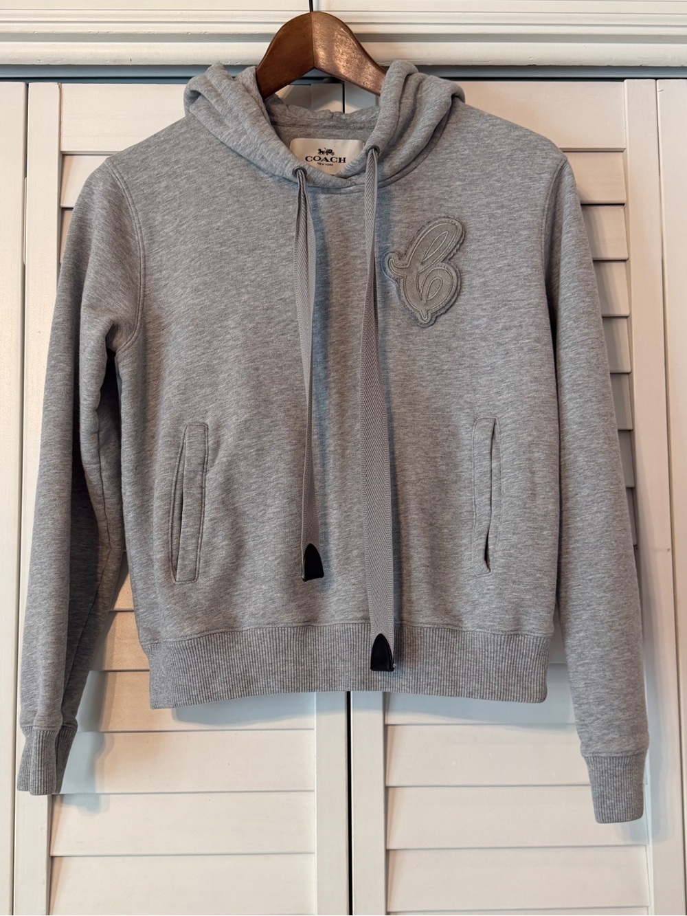 Coach Heather Gray Cropped Pullover Hoodie with Chenille Varsity C Patch